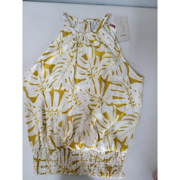 Joie Halter Top Smocked Waist Sleeveless Blouse Yellow Leaf Print Size S - Picture 10 of 11